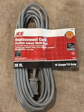1ps-007-020fgy Ace Power Supply Replacement Cord 20 Ft 18 Guage 10 Amp 31462 Grey Two Wire Plug