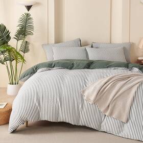 Bupird 796926913493 Green King Comforter Set Striped 100% Soft Washed Microfiber Jacquard 3 Piece