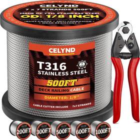 T316 Celynd 735812329550 Stainless Steel Cable For Railing - 500ft 1/8 Inch Wire Rope Deck