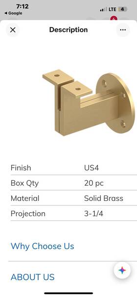 Hrbm325u4 Deltana Modern Handrail Bracket 3-1/4 Inch Projection Heavy Duty In Brushed Brass