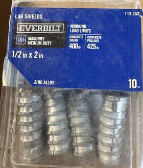 113-283 Everbilt 1/2 Inch X 2 Zinc-alloy Short Lag Shields 10-pack 113 283