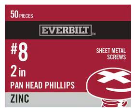 801632 Everbilt #8 X 2 Inch Phillips Pan Head Zinc Plated Sheet Metal Screw 50-pack