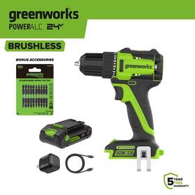 Greenworks Dd330a7 24v 3/8 Inch Drill Kit With 2ah Battery And 10pc Bit Set
