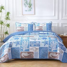 Heymybed 702103227314 Coastal Quilt Set Queen Size Beach Coverlet Blue Starfish Coral Seashell Bed