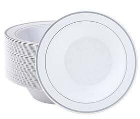 Jp-jbw50-silver Jolly Party 50 Plastic Bowls With Silver Rim-12oz Disposable Soup Chri