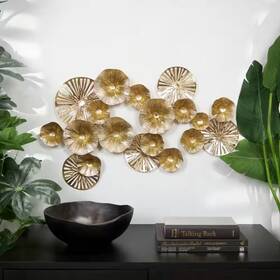 Litton Lane 744759358646 30 Inch X 17 Metal Gold Textured Overlapping Disk Floral Wall Decor With Cuto