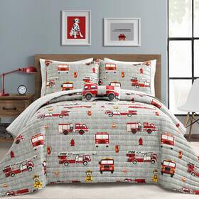16t005257 Lush Decor Fire Truck Quilt 4 Piece Set Full/ Queen Red And Gray - Reversible
