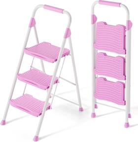 Nobrand 736859571919 Foldable 3 Step Ladder With Handrail Anti-slip 900lbs Pink