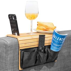 Zofairi 197644382231 Foldable Bamboo Couch Arm Table With 3 Pockets Cup Holder Phone And
