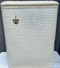Vintage Redmon White Woven Wicker Laundry Hamper Fleur De Lis Lid Large. Fixed Price $79.98.