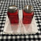 New Retro Red Glass Salt & Pepper Shakers Stainless Steel Lids Rsvp 8OZ -granny. Fixed Price $15.00.