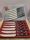 Wusthof Dreizackwerk Set 6 Steak Knives Black Handle W/ Logo 9730 Trident. Fixed Price $325.00.