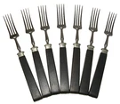 Clean Set 7 Antique 4-TINE Steel Vintage Trident Forks With Dark Walnut Handles. Fixed Price $85.00.