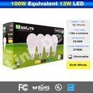 Maxlite 100W Equivalent 13W Led Light Bulb Soft White 2700K A19 Dimmable. Fixed Price $97.95.