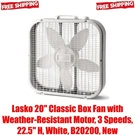 Lasko 20" Classic Box Fan With Weather-resistant Motor, 3 Speeds, 22.5" White. Fixed Price $20.94.