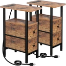 Rustic Narrow Nightstand Set With Charging Station & Fabric Drawers - 2 Pack. Fixed Price $99.99.
