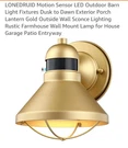 Lonedruid Motion Sensor Outdoor Led Wall Sconce Dusk To Dawn Exterior Barn Light. Fixed Price $34.95.