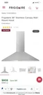 Frigidaire 36" Wall Mount Chimney Range Hood W/ 3-SPEED 400 Cfm Fan FHWC3655LS. Fixed Price $550.00.