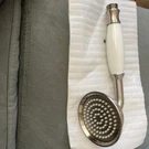 Signature Hardware Cooper Shower, Porcelain Handle, Brushed Nickel FH568BNU. Fixed Price $34.99.