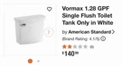 American Standard Vormax 1.28 Gpf Toilet White 4370A ***tank Only***. Fixed Price $65.00.