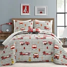 Fire Truck Quilt 4 Piece Set Full/ Queen Red Gray Reversible Stripe Print Bedd. Fixed Price $109.30.