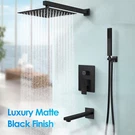 Black Shower Faucet Set System 12 Inch Rainfall Head Combo Kit Tub Filler. Fixed Price $99.00.